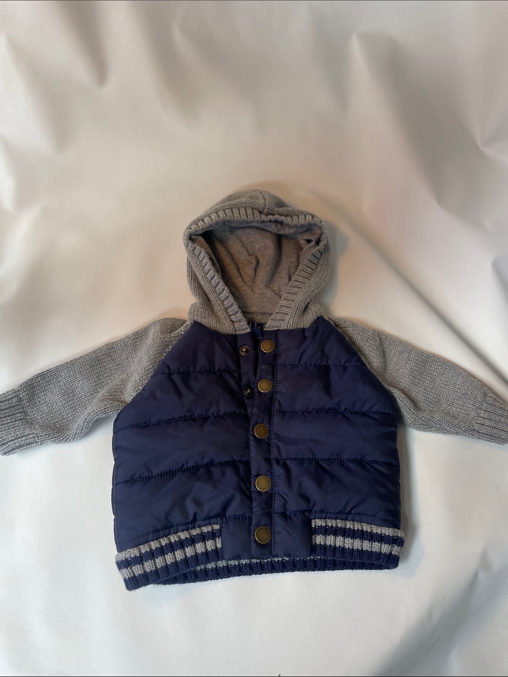 Janie and Jack Navy Puffer Hoodie with Gray Knit Sleeves